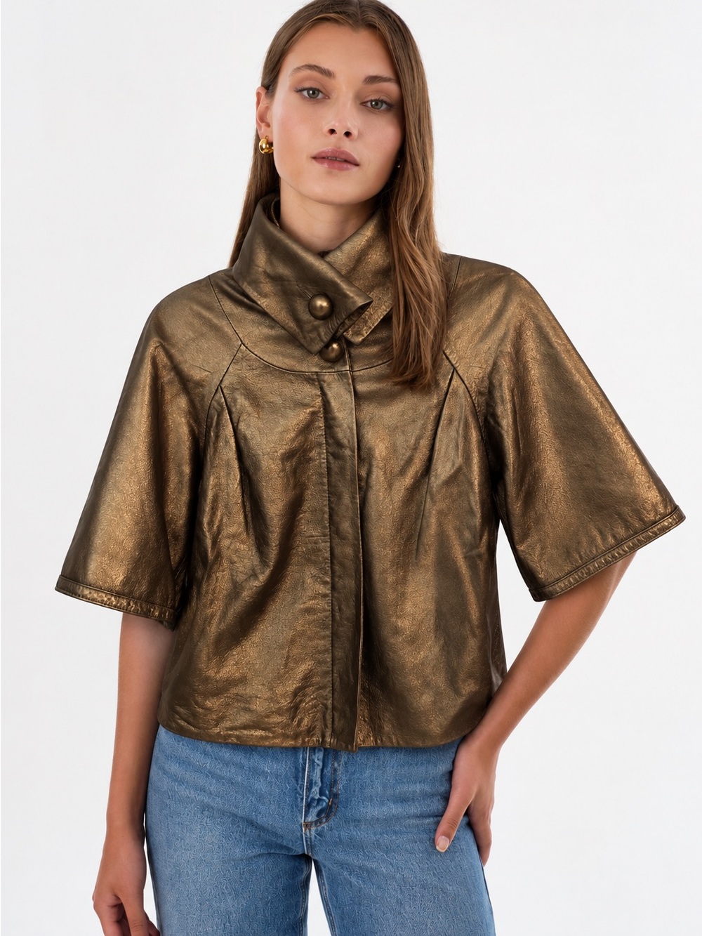 NWOT Sheri Bodell Lamb Leather Bronze Gold Metallic Short Sleeve Jacket Size XS